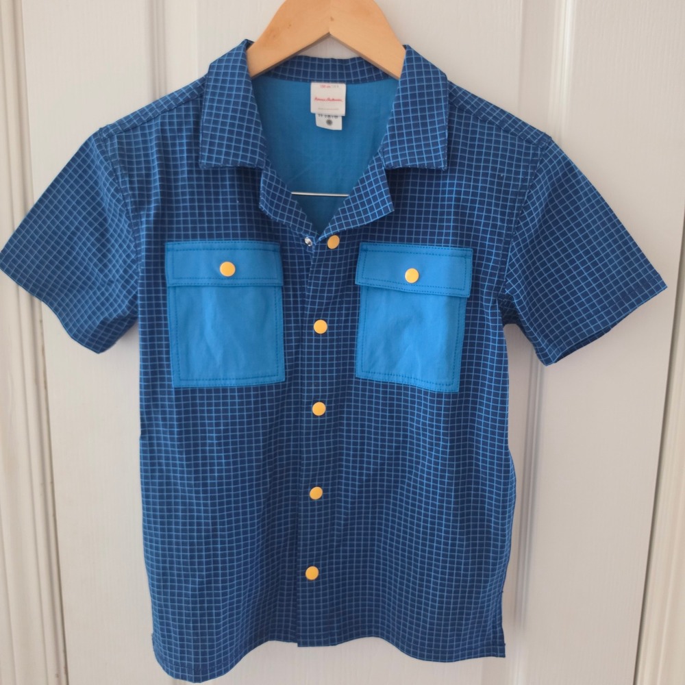 Hanna Andersson Kids Blue Grid Button Down Shirt Short Sleeve Size 8